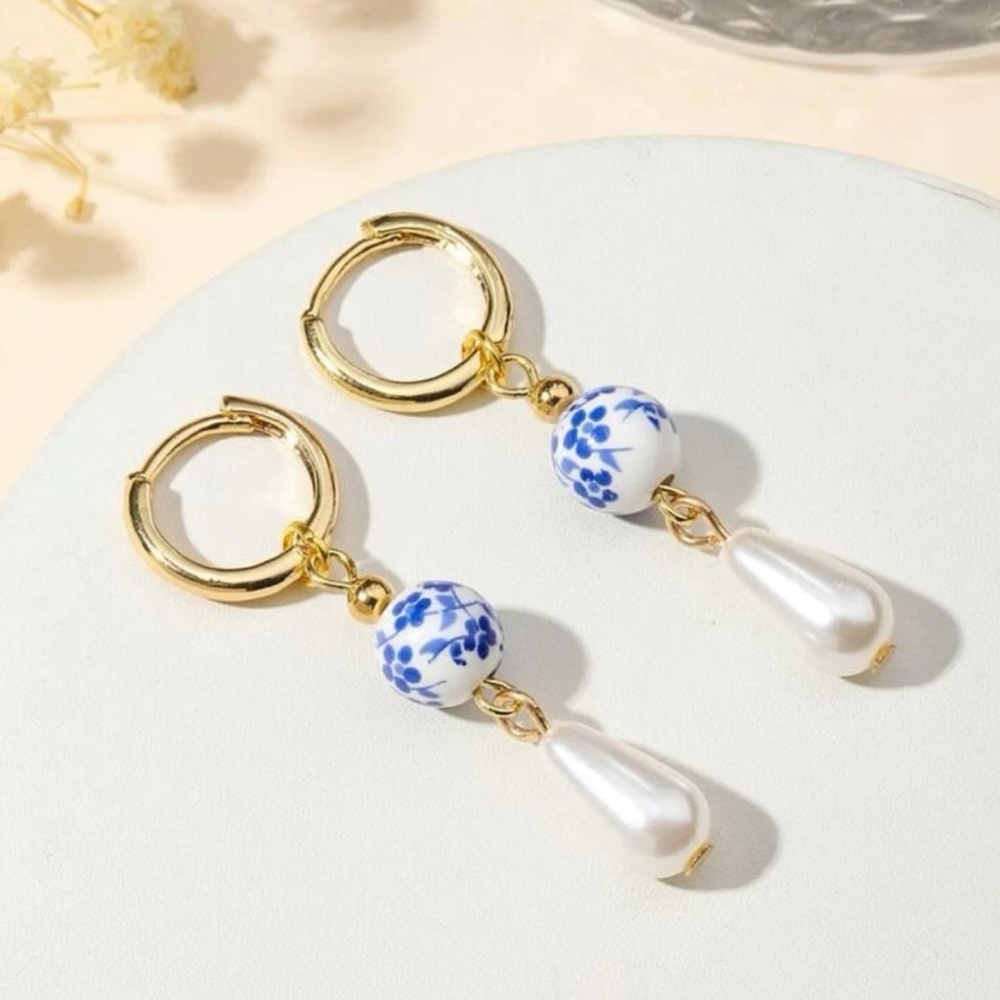 Elegant Gold and Blue Floral Drop Earrings